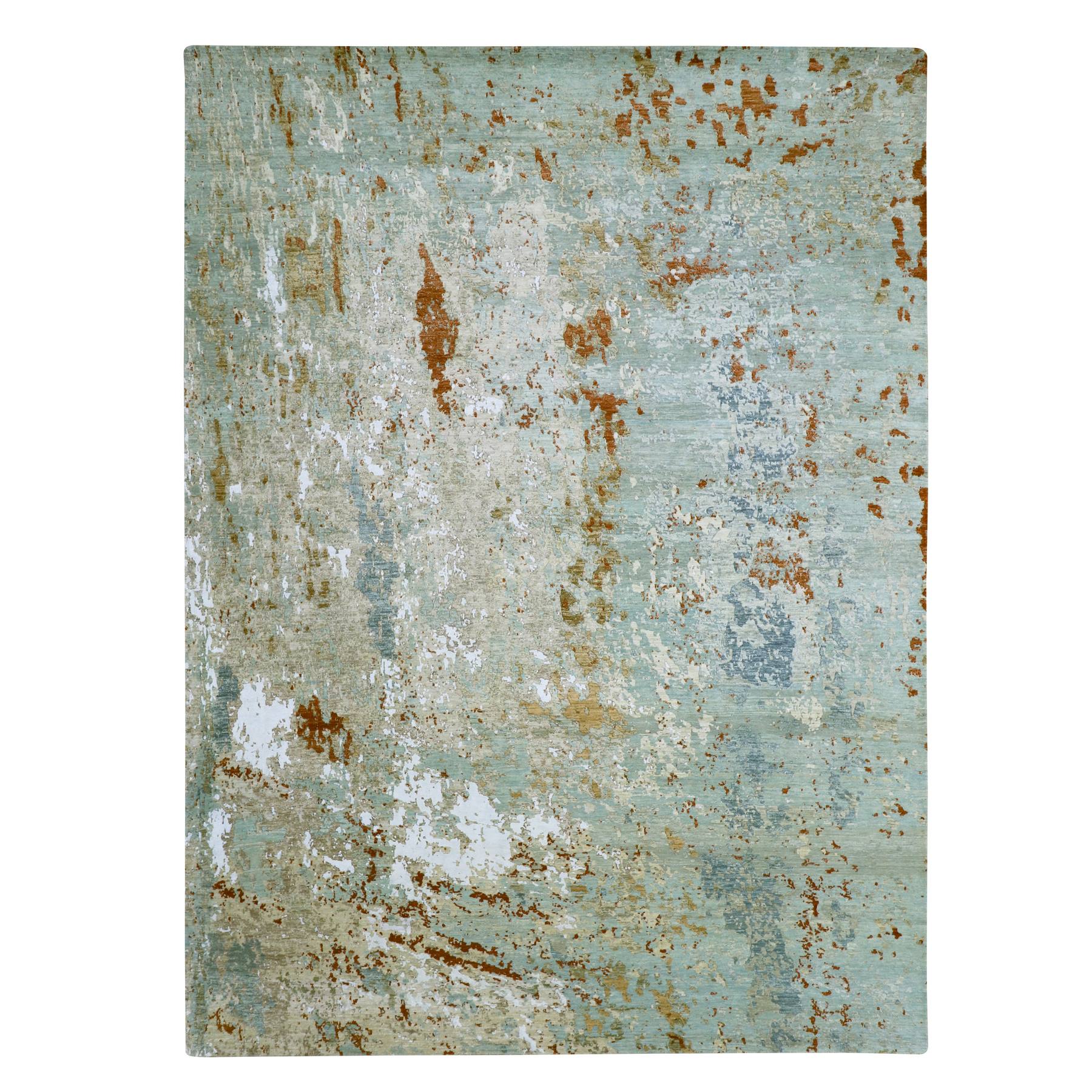 Pistachio Green with Beige, Persian Knot, Abstract with Galaxy Design, Pure Wool, Hand Knotted, Densely Woven, Oriental Rug
